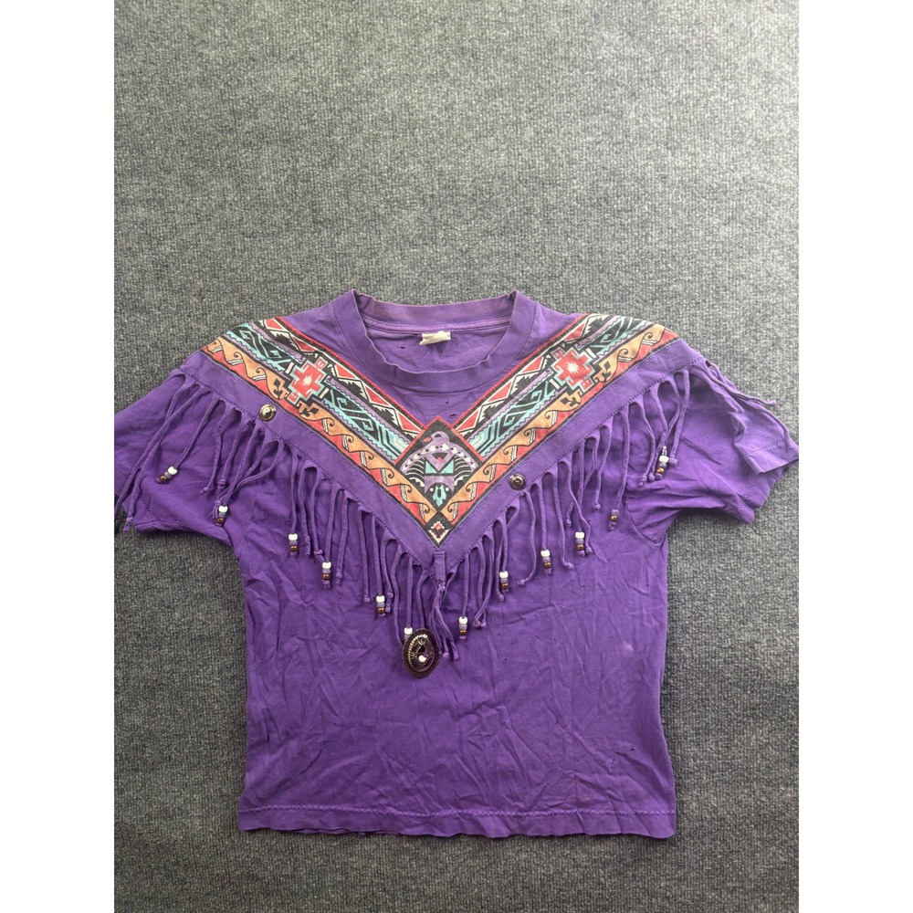 Vintage Fruit of the Loom T-Shirt Womens Medium Purple Southwestern Fringe Beads